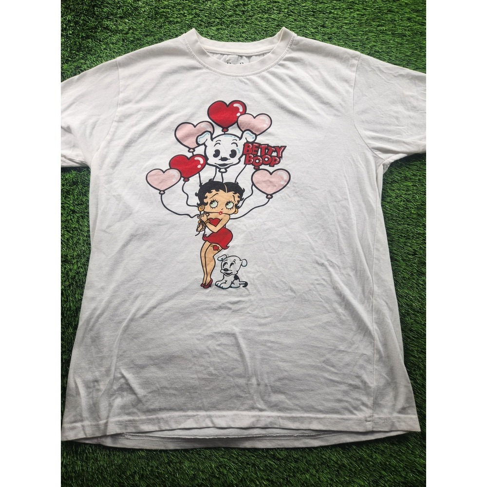 Betty Boop Shirt Mens‎ L White Hearts Pudgy Dog Balloon Valentine Graphic Tee